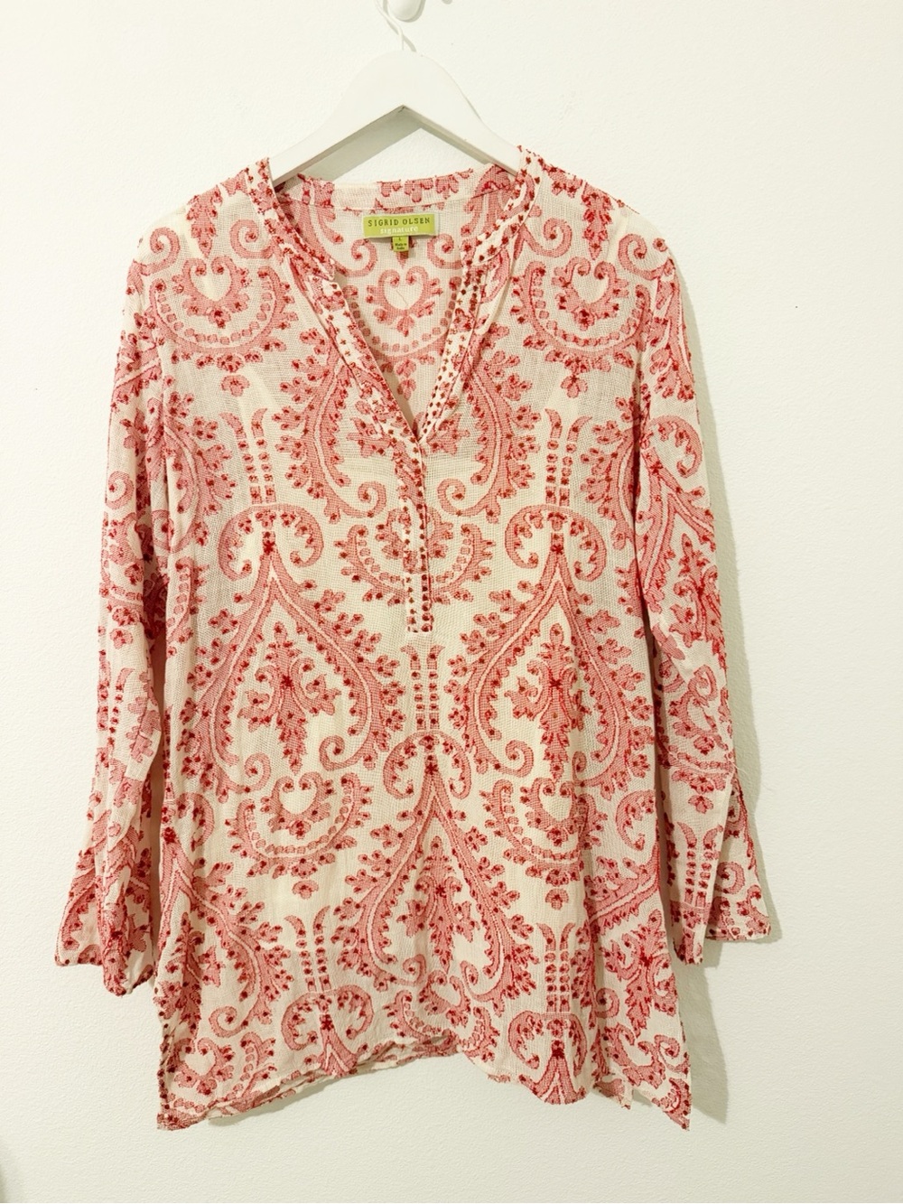 Sigrid Olsen beaded tunic top red paisley size Large L